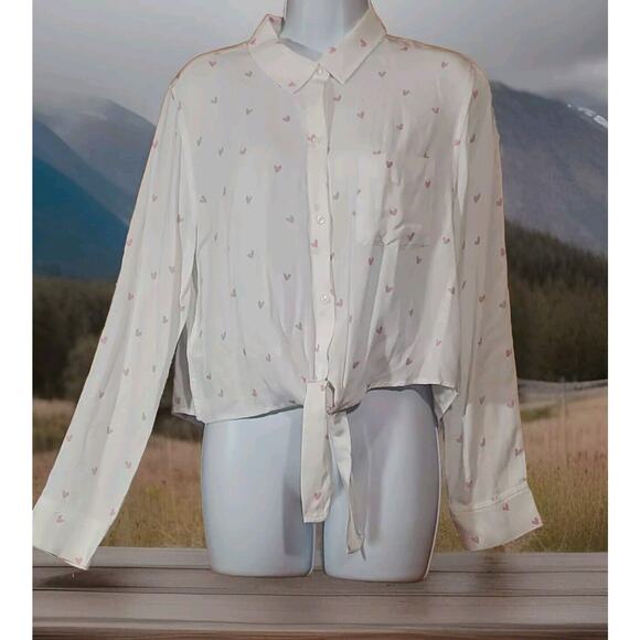 Anthropologie Rails M White Button Down Long Sleeve Pink Hearts Waist Tie Shirt - Picture 1 of 15